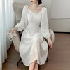 2021 spring new V-neck solid color skirt long sleeve dress