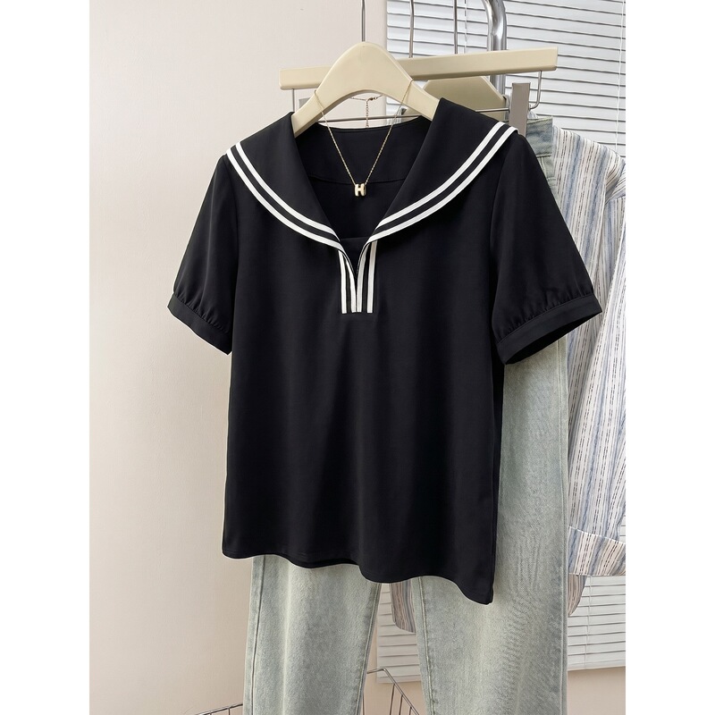 College Style Navy Collar Short-Sleeved Shirt for Women, Black, Age-Reducing, Slimming, Versatile Top, Women's Striped Summer Loose Fit College Style Navy Collar Short-Sleeved Shirt for Women, Black, Age-Reducing, Slimming, Versatile Top, Women's Striped Summer Loose Fit