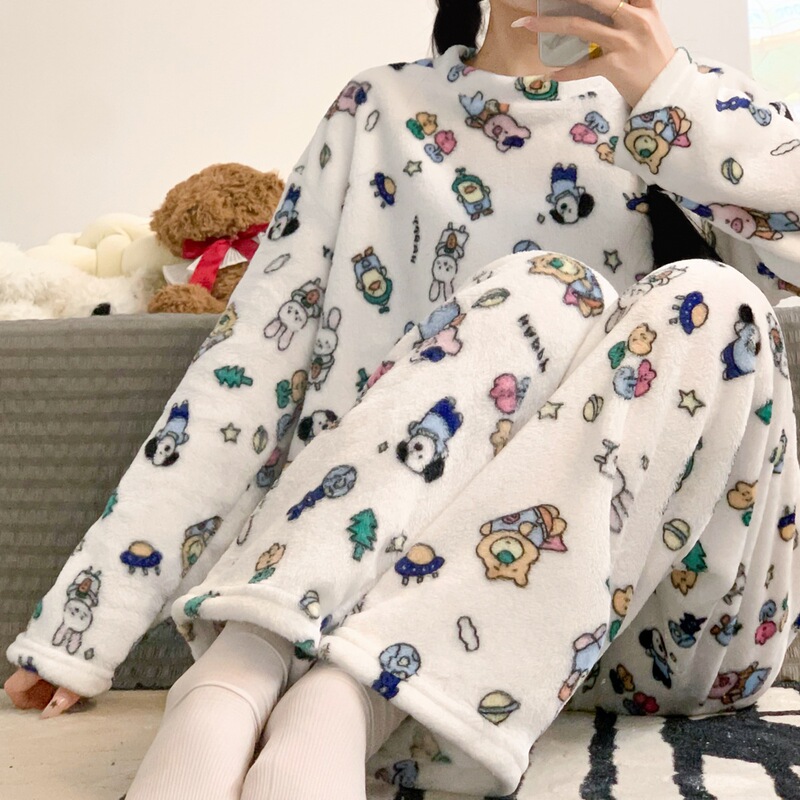 Ins Style Fleece-Lined Thickeneded Coral Velvet Winter Pajamas for Women in Autumn and Winter Cute Student Home Clothes Set That Can Be Worn Outside