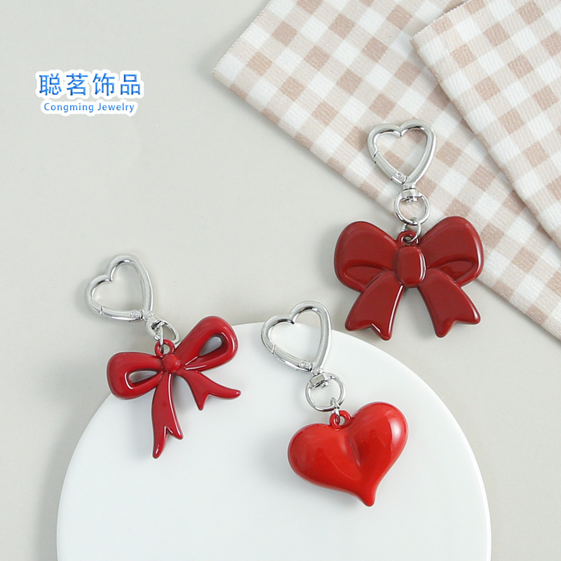 Simple Red Bow Heart Keychain Women's Bag Pendant Personalized Car Pendant Small Gift Wholesale Simple Red Bow Heart Keychain Women's Bag Pendant Personalized Car Pendant Small Gift Wholesale