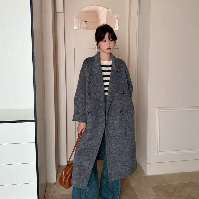 【New Alpaca Wool】Korean Style Dongdaemun High-End Double-Sided Wool Hand-Stitched Coat, Elegant Long Style for Women