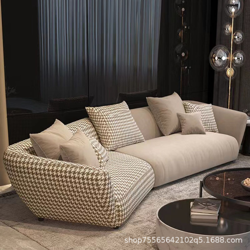 沙发客厅意式极简家具科技布配千鸟格侘寂风异形布艺沙发转角设计