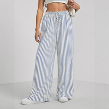欧美跨境时尚网红条纹女士简约休闲长裤大码可外穿休闲裤休闲百搭