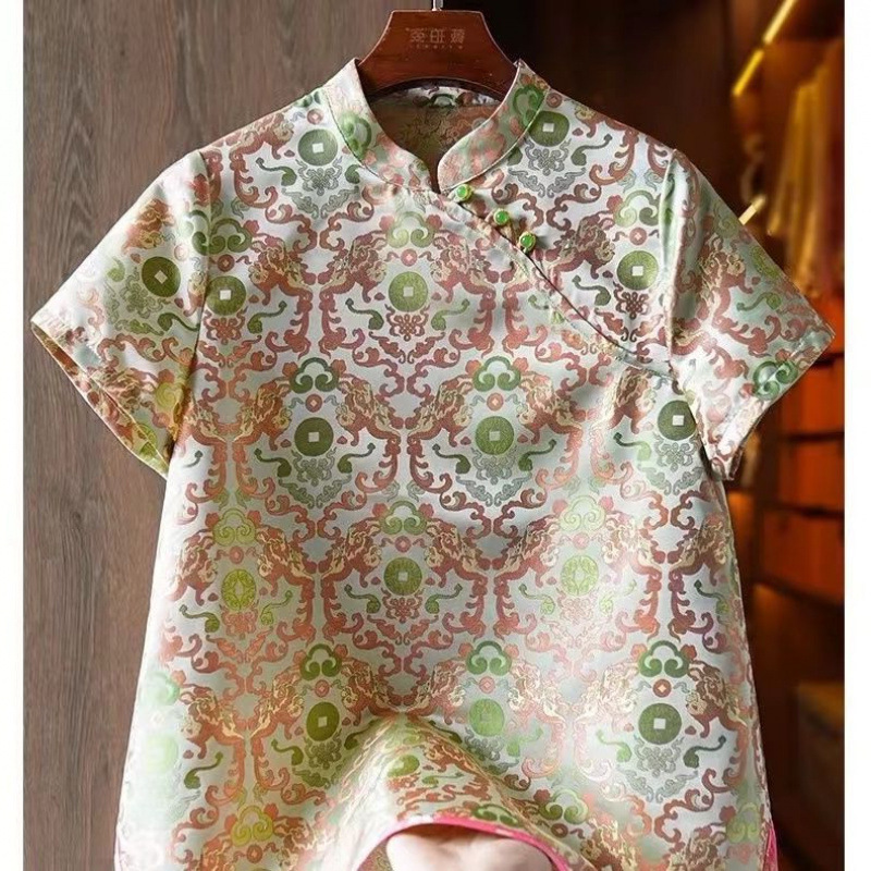 高品質、快適で通気性のあるシルク年齢軽減中年女性改良斜め襟シャツ夏の中国風のレトロな新しい中国風のトップ|undefined