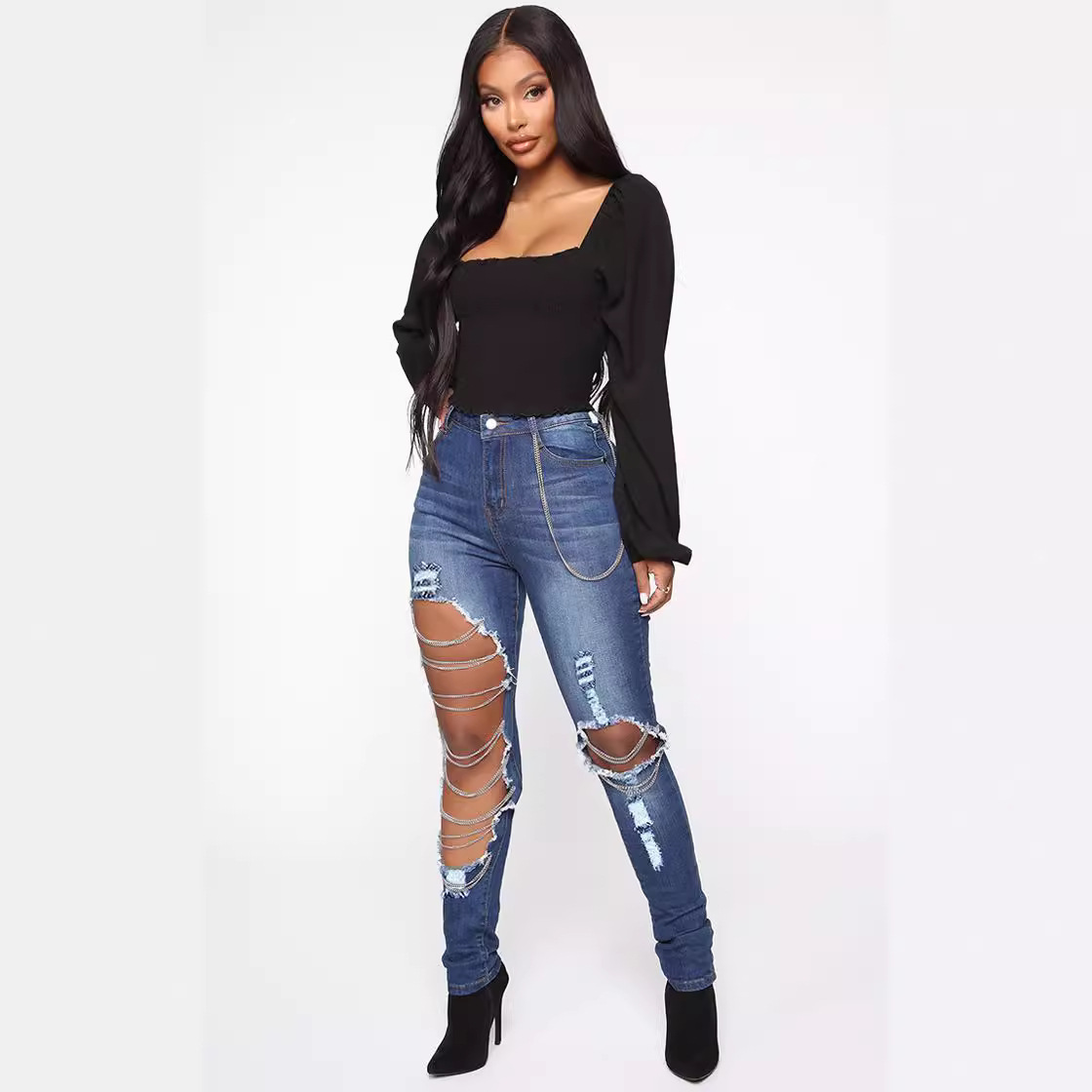 European And American 2023 Early Spring Style Ripped Jeans For Women With Chain Accessories, Stretch Cotton_voghion.com