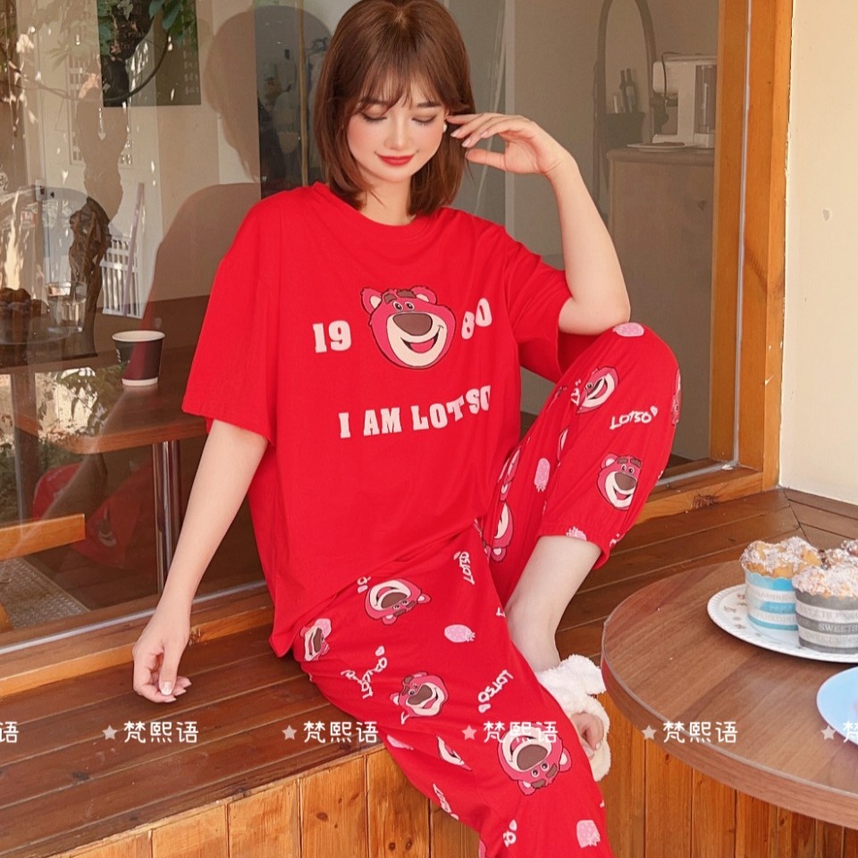 2024 Van Hee Language Women's Pajamas Short-sleeved Sweet Thin Cotton Pajamas Suit Home Casual Home Clothes 136