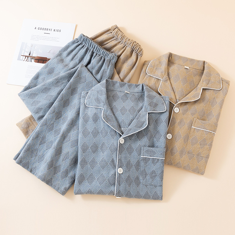 Cotton Pajamas Men's Summer Pure Cotton Short-Sleeved Pants Plaid Simple Youth Home Casual Home Wear Set