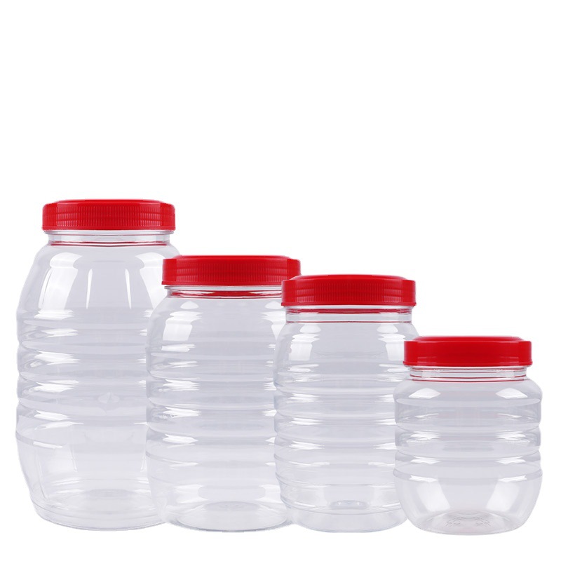 圆柱形透明pet食品豆瓣酱塑料包装罐剁椒调料带盖密封塑料瓶批发
