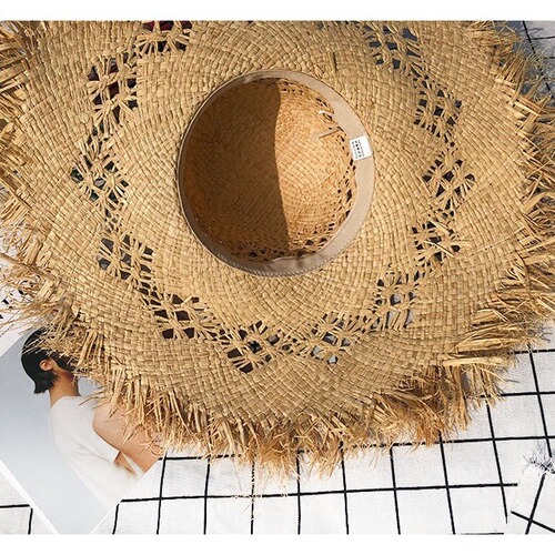 Summer Hat with Hollow Design, New Women's Beach Hat, Sun Hat for Women, Large Brim Leisure Hat, Solid Color, Hairy Edge, La Fleur Grass Hat