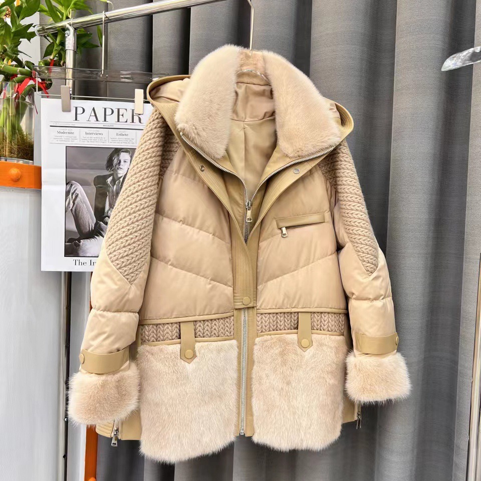 连帽加厚保暖水貂毛拼接羽绒服大衣女2023宽松鹅绒服A版皮草外套