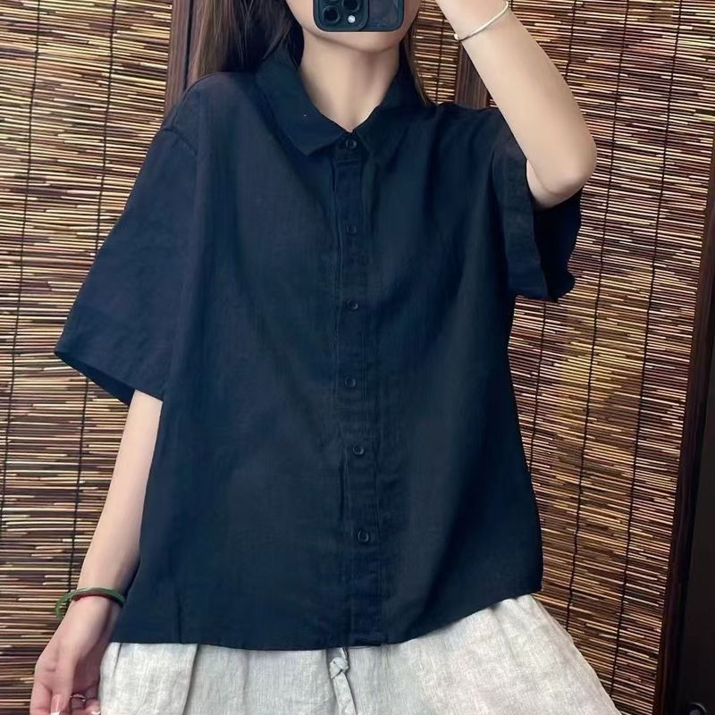 棉麻衬衫女夏季新款文艺复古风气质通勤纯色百搭翻领宽松短袖上衣|undefined