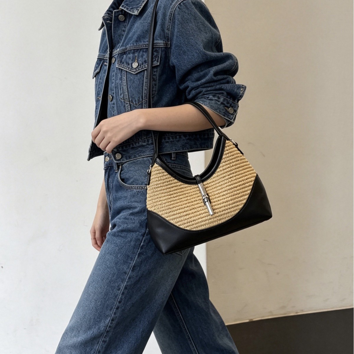 Handmade Rattan Shoulder Bag With Leather Trim Eco-friendly Basket_voghion.com
