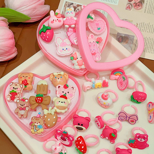Children's Ring Girls Cute Cartoon Princess Accessory Set for Baby Girls Strawberry Bear Ring Gift Box Little Girl