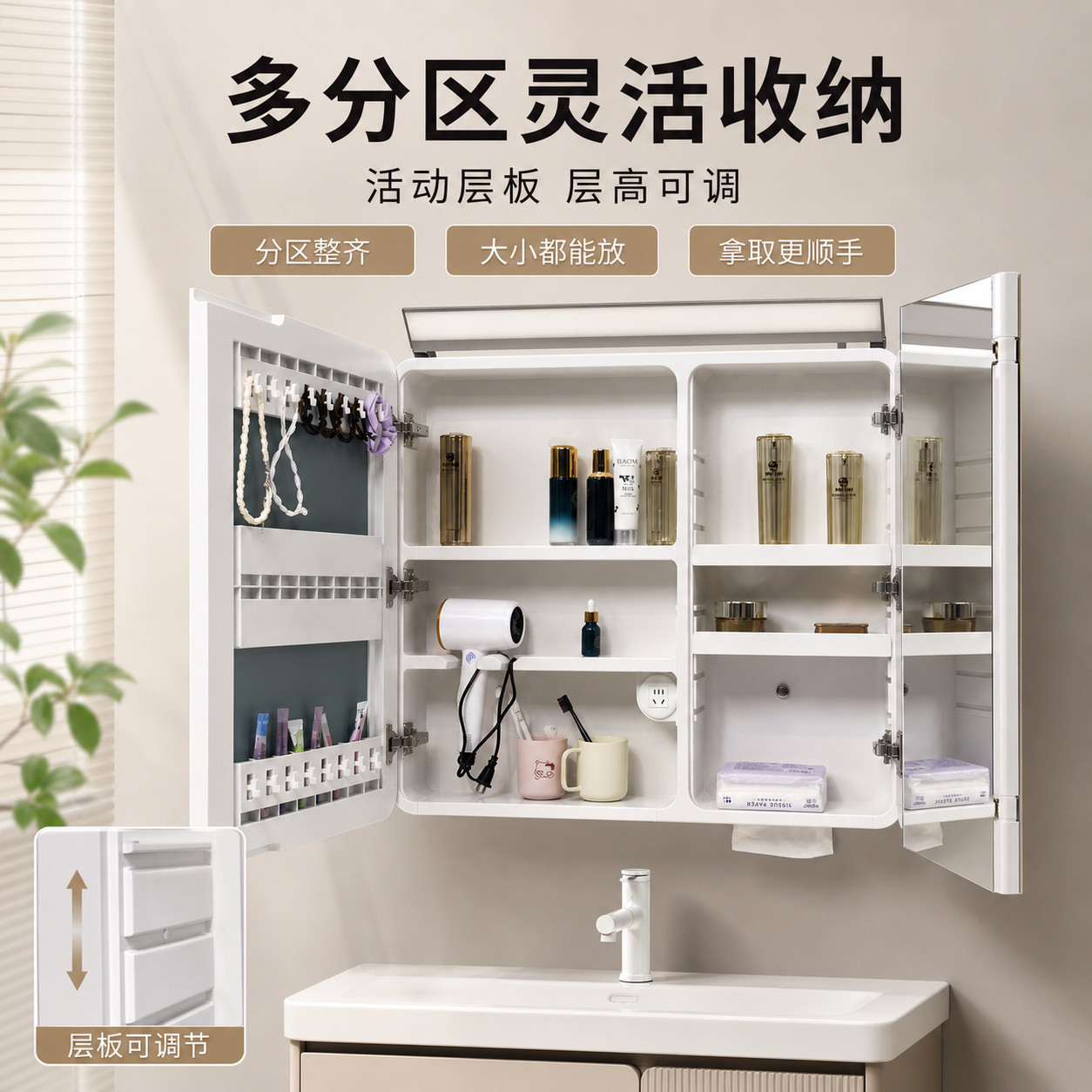 Gabinete de espejo japonés ABS de grado alimenticio, lámpara de maquillaje, ajuste de ángulo del gabinete de espejo de baño, tablero de lámina móvil, puerta de espejo plegable