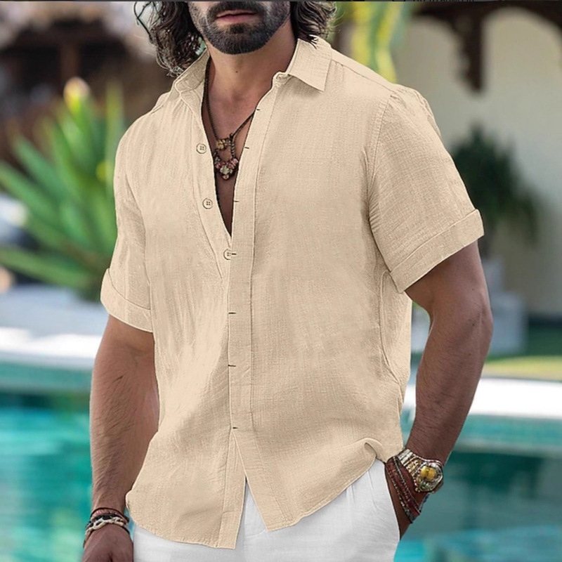 Cross-Border Men's Cuban Summer Shirt with Buttons, Solid Color Beach Shirt, Vacation Casual Short-Sleeve Shirt, Old Money Style Cross-Border Men's Cuban Summer Shirt with Buttons, Solid Color Beach Shirt, Vacation Casual Short-Sleeve Shirt, Old Money Style