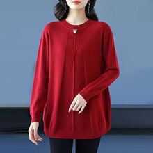 宽松显瘦中年妈妈装圆领针织毛衣遮肚显瘦大码女装中长款打底毛衣