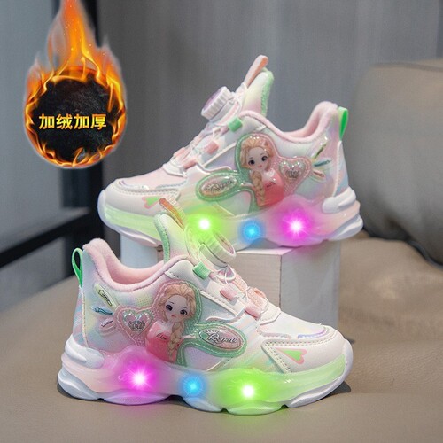 Children's Light-Up Sneakers for Boys and Girls, Autumn Fashion, Lightweight, Soft Soles, Rotating Button Shoes for Little Girls, Princess Style, Trendy