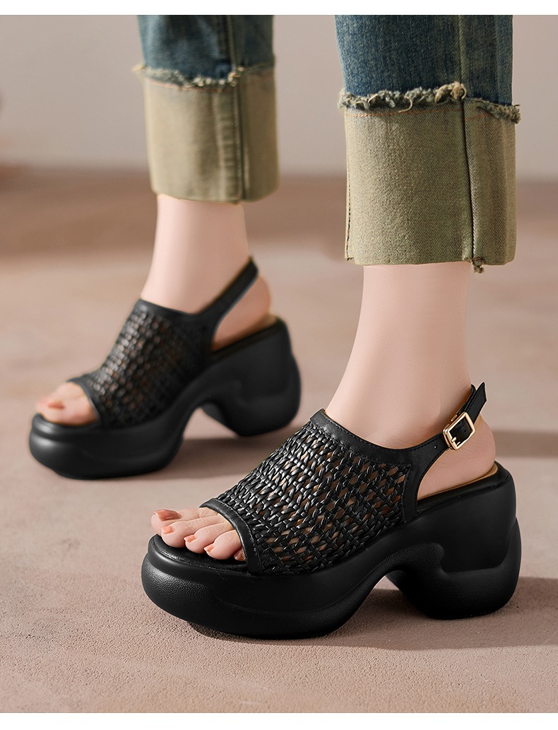 Sandal cao gót nữ mũi hở đế dày 8 cm kiểu dệt La Mã quai ngang — đen chi tiết 3
