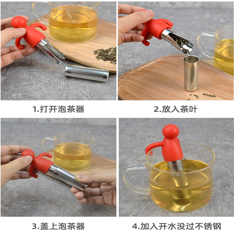 Colador de té creativo de acero inoxidable con cuchara de té colgando portátil de silicona en forma humana fabricante de té al por mayor lindo Filtro de té