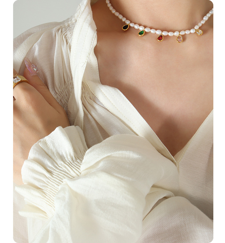 Fashion Water Droplets Titanium Steel Choker Pearl Inlay Artificial Crystal Stainless Steel Necklace