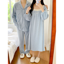 跨境专供外贸秋季新款情侣睡衣韩版宽松条纹毛巾布长袖休闲家居服