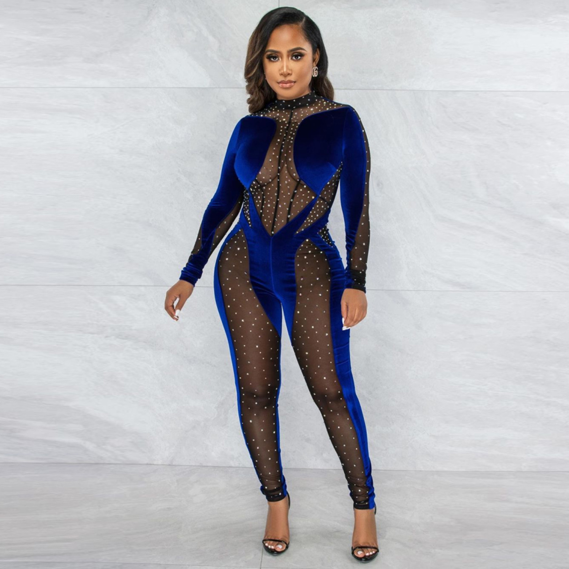 sequins long sleeve tight see-through velvet jumpsuit NSHBG122594