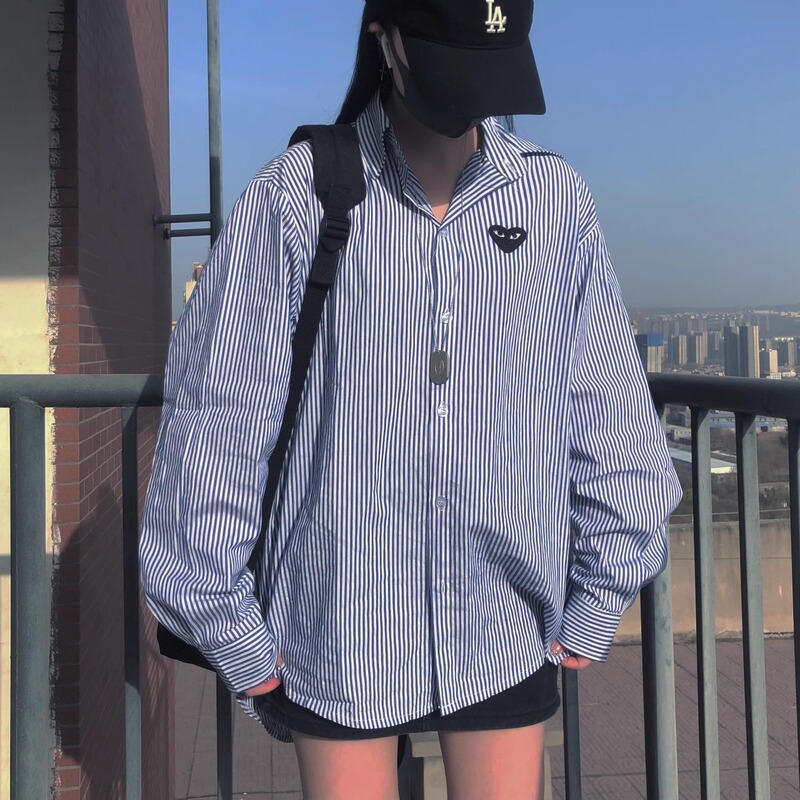 2026 Spring and Autumn New Heart Stripe Shirt Unisex Pure Cotton Embroidered Heart Long Sleeve Base Couple Shirt