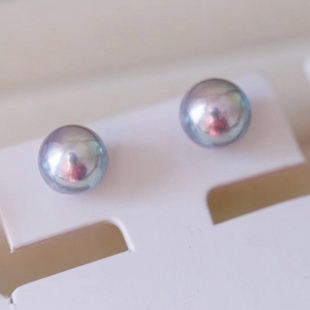 Japan 7-8MM Glaze Blue akoya Zhenduo Hemp Water Pearl Earrings Flaw Not Containing Japanese Thick Edition Sterling Silver Needle