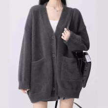 休闲慵懒风毛绒绒纯色外套秋冬季新款款宽松仿水貂绒女中长款开衫