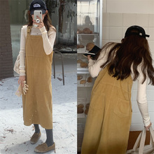 韩版减龄学院风灯芯绒叠穿背带裙2023秋冬宽松中长款A字连衣裙