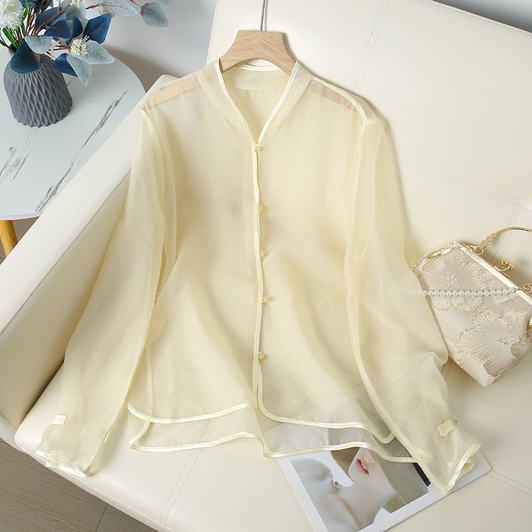 夏季网红爆款雪纺衫新中式盘扣长袖衬衫防晒衫女士