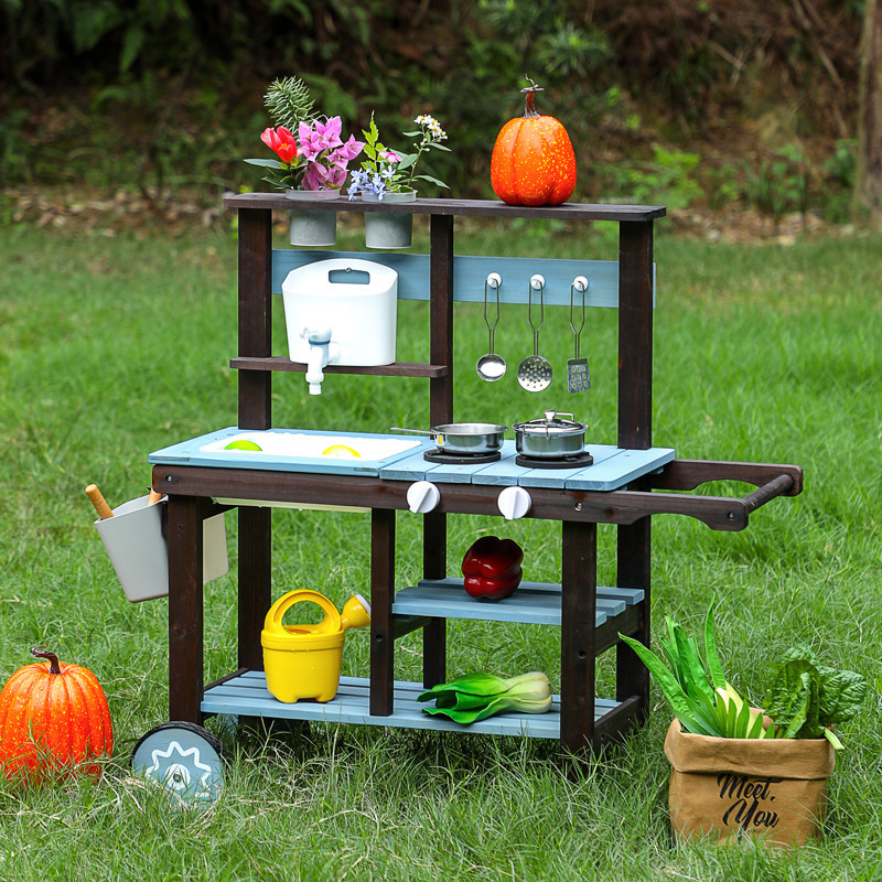 Wooden Pretend Play Kitchen Toy Set for Children, Outdoor Kitchenware Set with Faucet and Cart for Role-Playing Wooden Pretend Play Kitchen Toy Set for Children, Outdoor Kitchenware Set with Faucet and Cart for Role-Playing