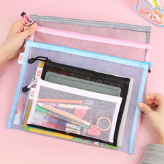 Transparent Nylon Mesh File Bag for Office Large Capacity Durable Document Pouch A4 Student Handheld Zippered Storage Bag