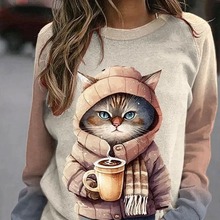 2023跨境 咖啡猫咪创意元素 印花3D数码休闲款宽松女插肩款卫衣