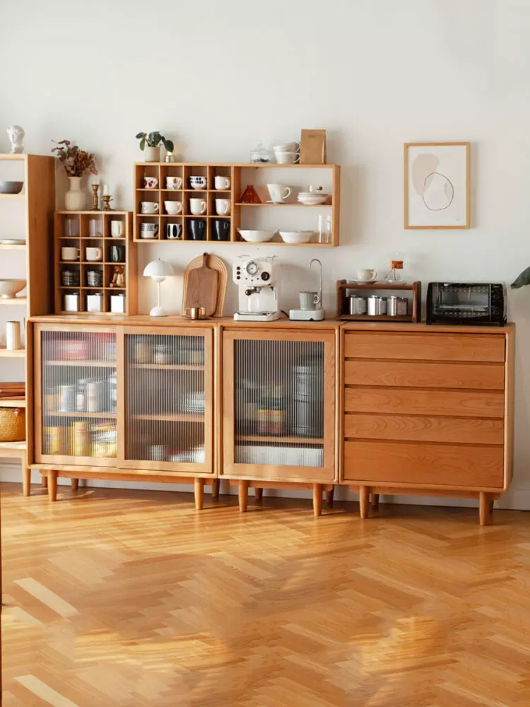 北欧实木餐边柜 家用小户型玻璃收纳边柜茶水柜餐厅多功能储物柜