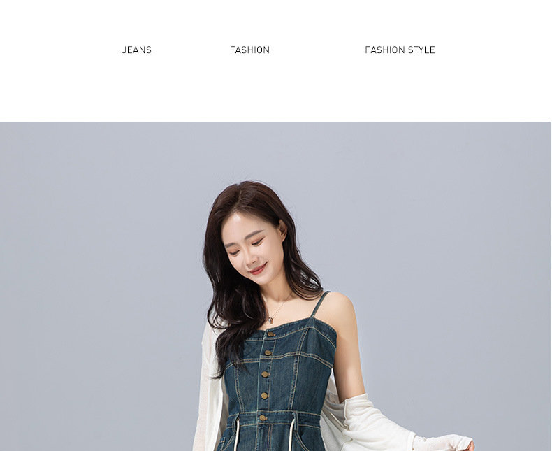 Váy liền hai dây denim cổ điển dáng chữ A thắt eo che hông dài — Xanh đá quý chi tiết 20