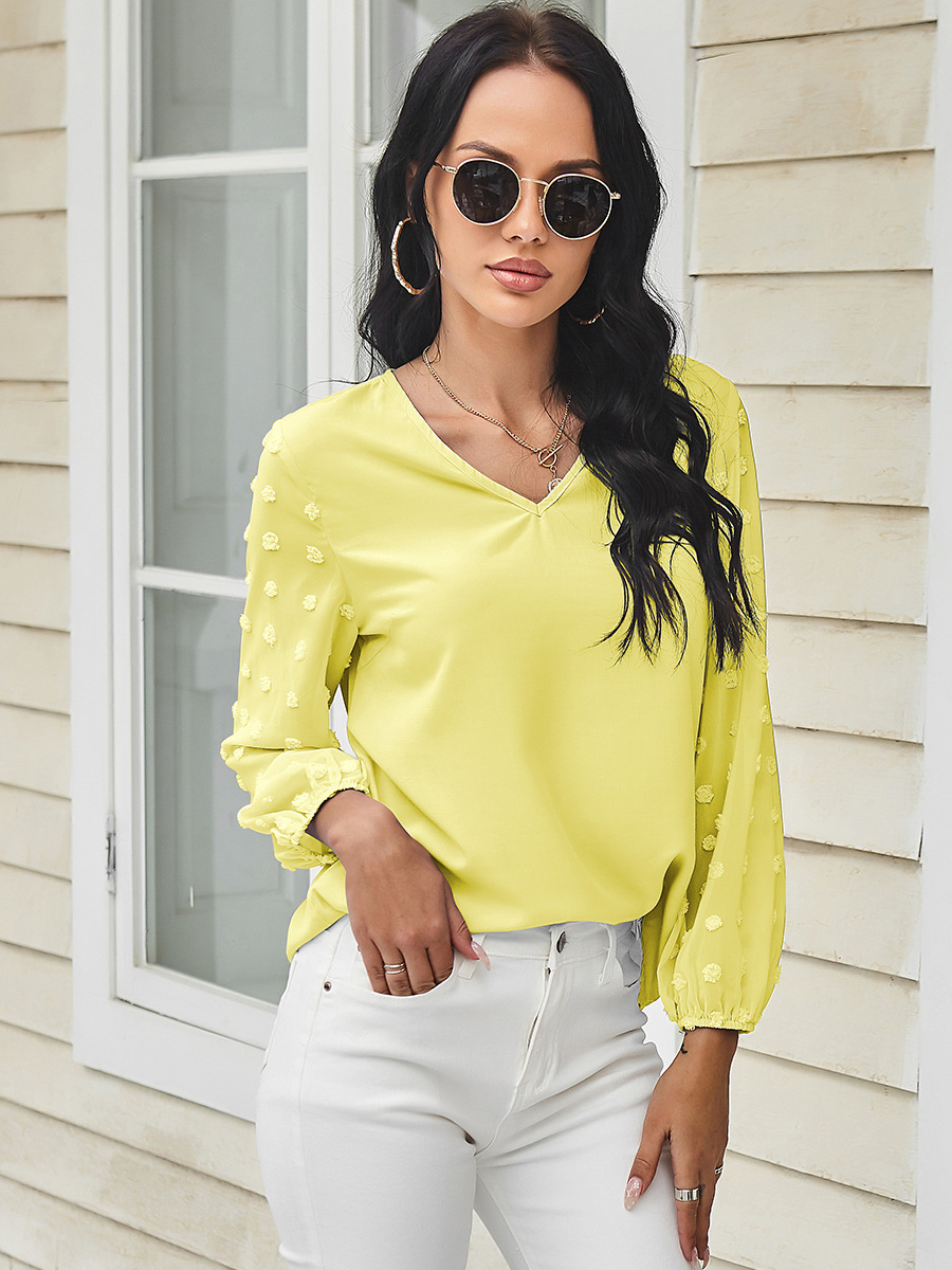 Solid Color V-Neck Lantern Long-Sleeved Chiffon Casual Blouse NSAL72745