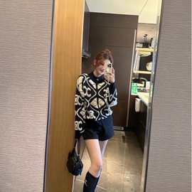 ce家毛衣黑白毛凯旋门设计拉链针织立领毛衣开衫秋冬短款百