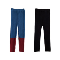 2023新款兒童針織打底褲秋冬女童坑條毛線褲子黑色拼色修身褲