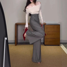 清冷贵气感穿搭气质一字肩露肩针织上衣灰色西装阔腿裤套装女秋季