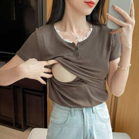 上掀哺乳上衣外出辣妈新款夏季喂奶期短袖产后无拉链夏装纯棉T恤