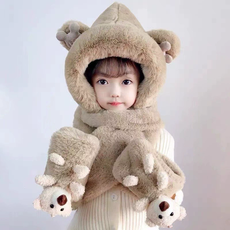 Children's hat, scarf, winter gloves, keep warm windproof baby cap, set, with little bears, 3 piece set