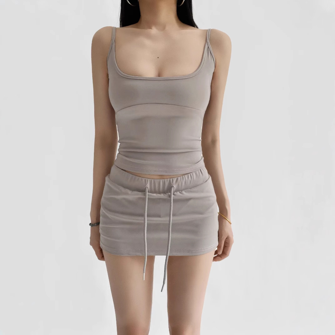U-Neck Low-Cut Backless Camisole Sports Vest + Low-Waist Short Hip-Hugging Sports Skirt Pants Hot Girl Trendy Two-Piece Set