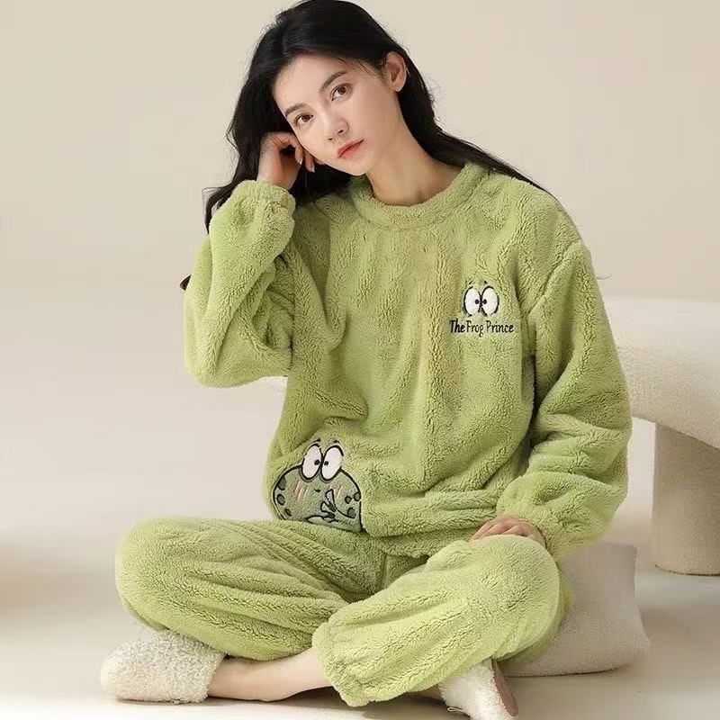 Franela al por mayor transfronteriza otoño invierno engrosado dulces dibujos animados sueltos chaqueta casual de coral pijama ropa doméstica de mujer