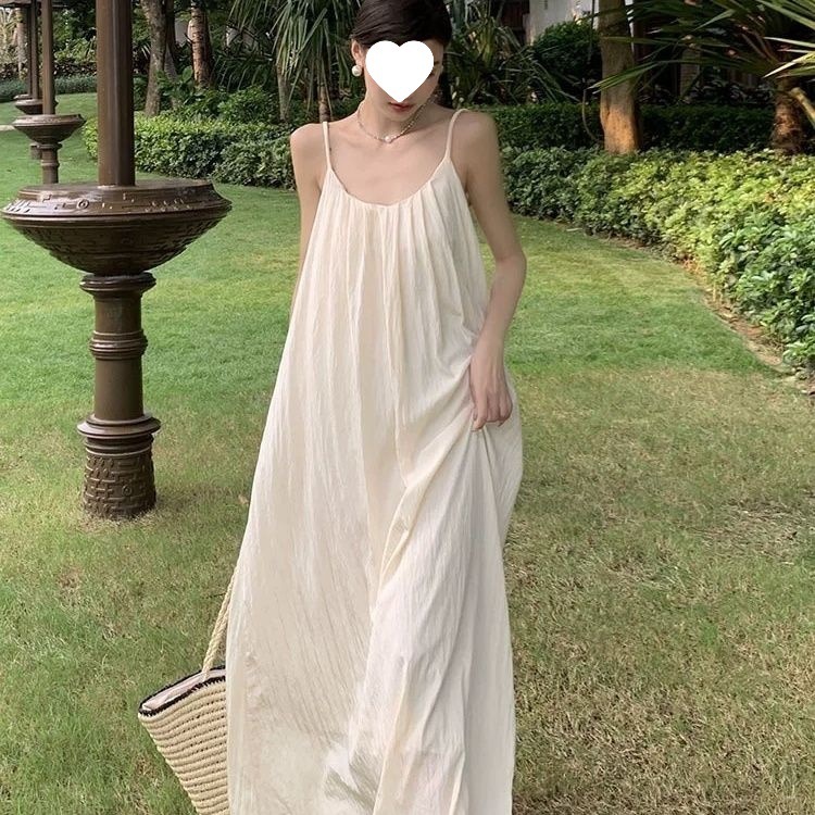 300斤初恋吊带仙女连衣裙女夏沙滩裙休闲宽松露背无袖背心长裙子|undefined