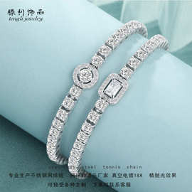 跨境时尚circleBracelet镶嵌锆石圆形长方主石网球链不锈钢316