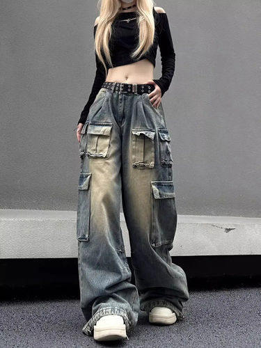 American large-size pocket design work jeans, women's high street straight loose wide-leg drag-down pants