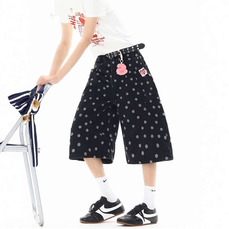 American Retro Polka Dot All-Over Print Denim Cropped Pants for Men and Women, Summer Heavy-Duty Design Shorts, Loose Plus-Size Mid-Length Pants American Retro Polka Dot All-Over Print Denim Cropped Pants for Men and Women, Summer Heavy-Duty Design Shorts, Loose Plus-Size Mid-Length Pants