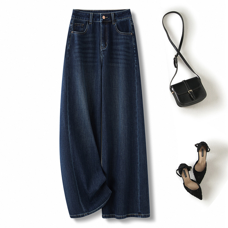 European-style high-end Shenzhen Nanyou high-waisted slightly elastic cut-out curved hem pants, autumn slim-fit banana wide-leg denim trousers