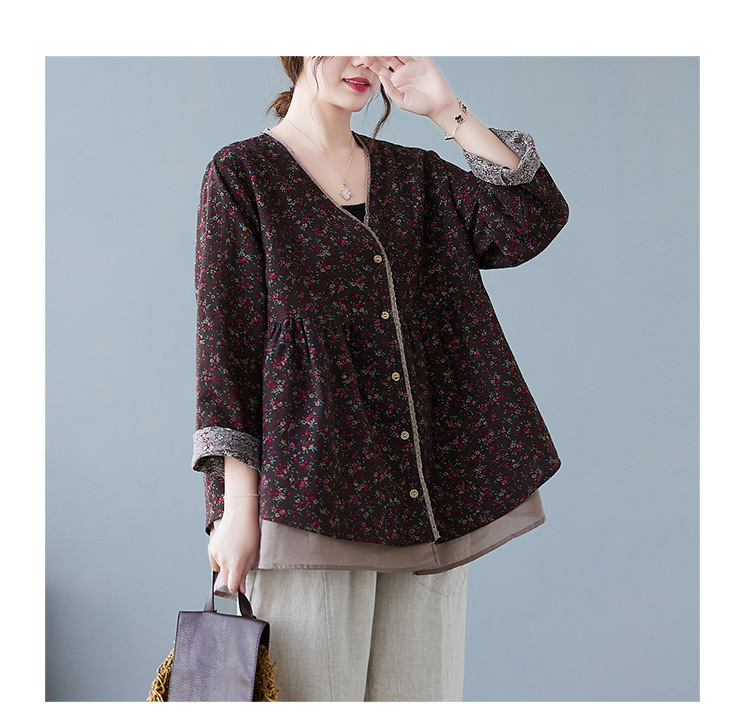350g Weight Long Sleeve Sleeve Length Single Breasted Placket Type Regular Sleeve Sleeve Type Printing, Cotton and Linen, Hemp Fabric Type Ordinary Model (50cm <Length ≤ 65cm) Top Length Fake two-piece set, Shirt Tops Type V Neck Neckline Loose Fit Type Floral Pattern Temperament Commuter, Commute style Style Printing Craft Autumn 2025 Women's Floral V-neck Open Cardigan Fake Two-Piece Loose Cotton Linen Plus Size Shirt Elegant Commute Style 20